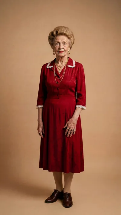 Elegant Elderly Woman Standing In Red Dress