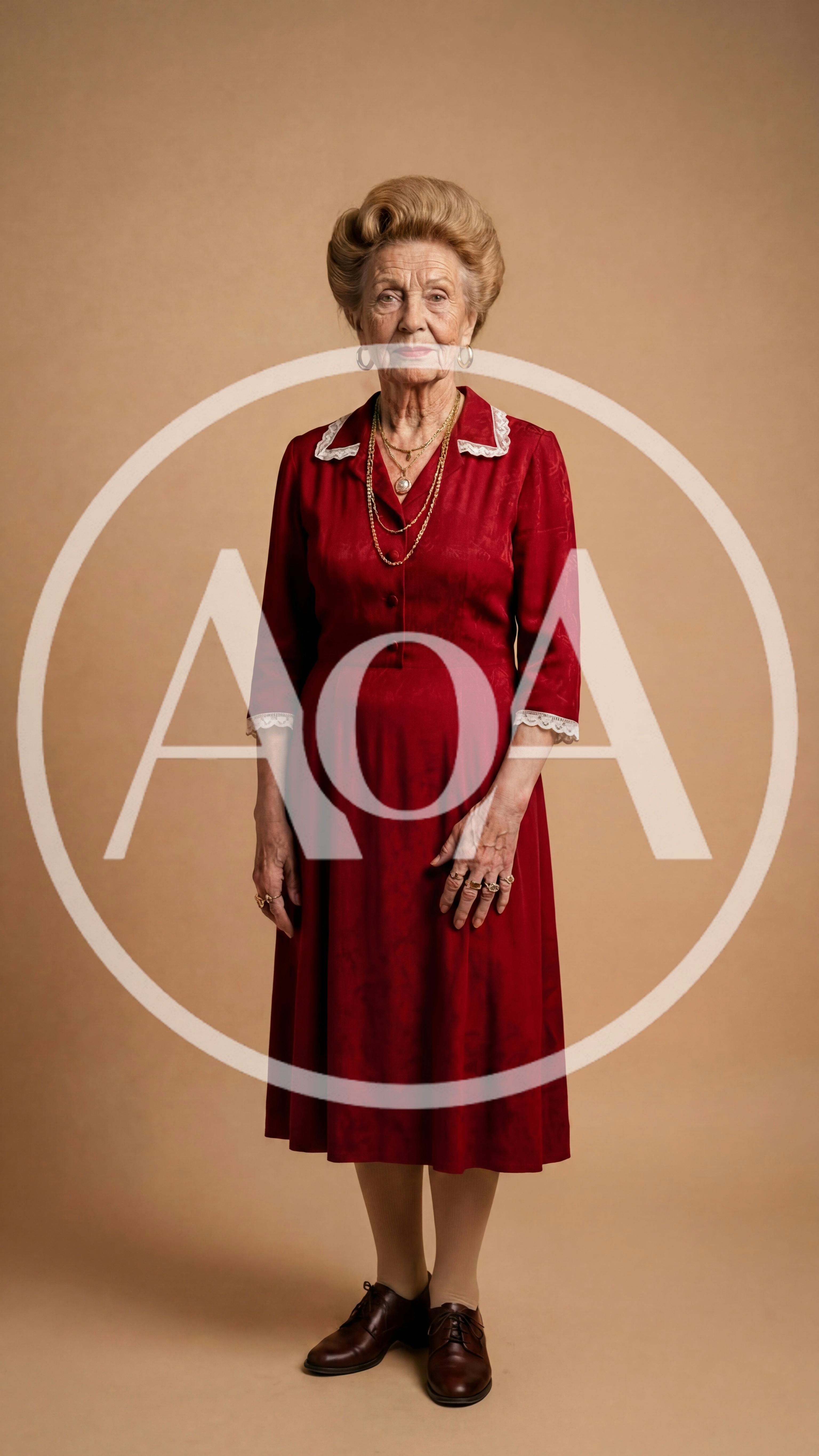 Elegant Elderly Woman Standing In Red Dress