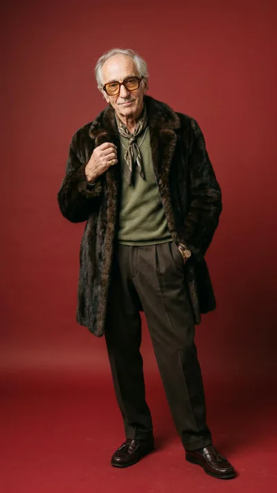 Stylish Elderly Man Wearing Fur Coat And Scarf