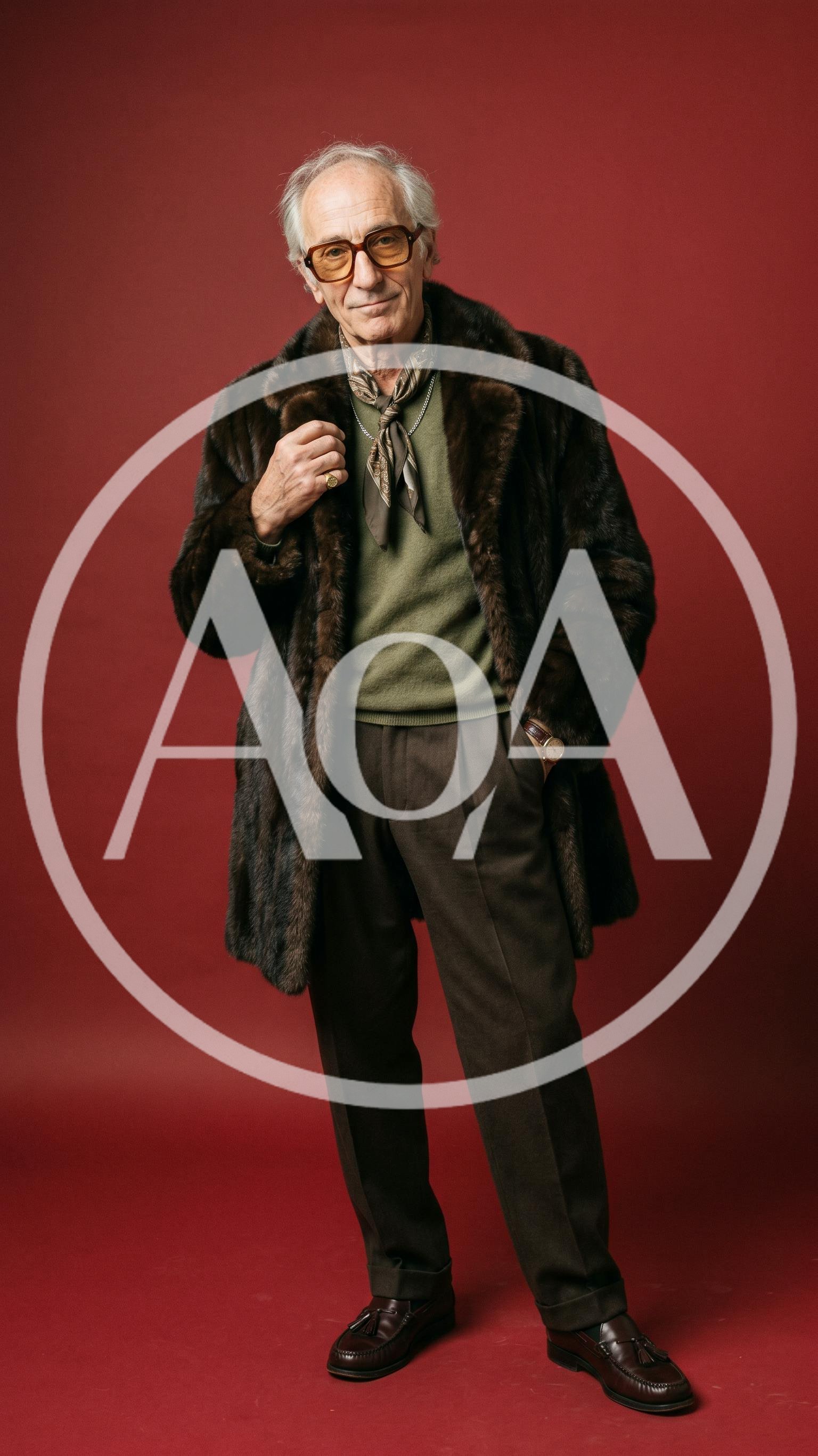 Stylish Elderly Man Wearing Fur Coat And Scarf