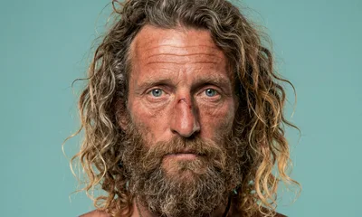 Portrait Of A Weathered Man With Long Curly Hair