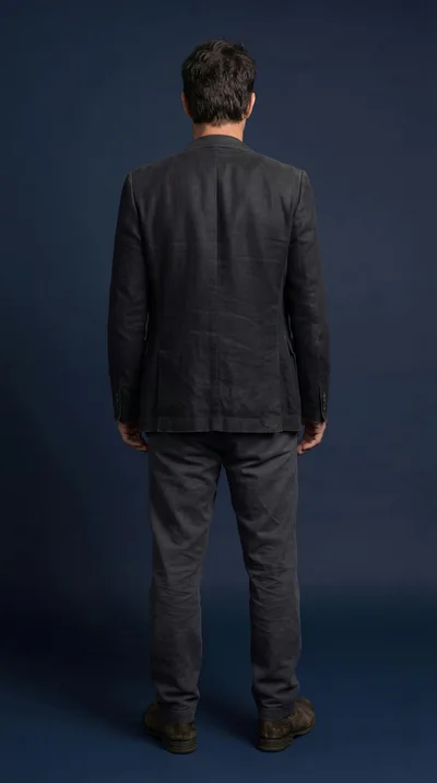 Man Standing In A Dark Grey Suit Back View