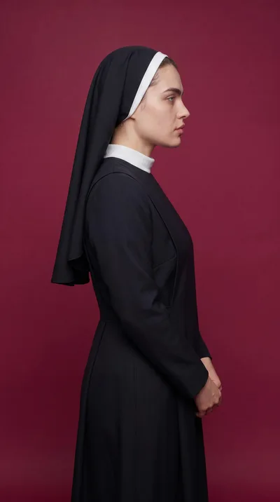Young Nun Standing In Profile Against Maroon Background