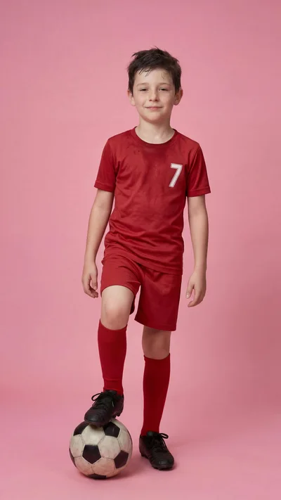 Young Boy Standing With Soccer Ball On Pink Background