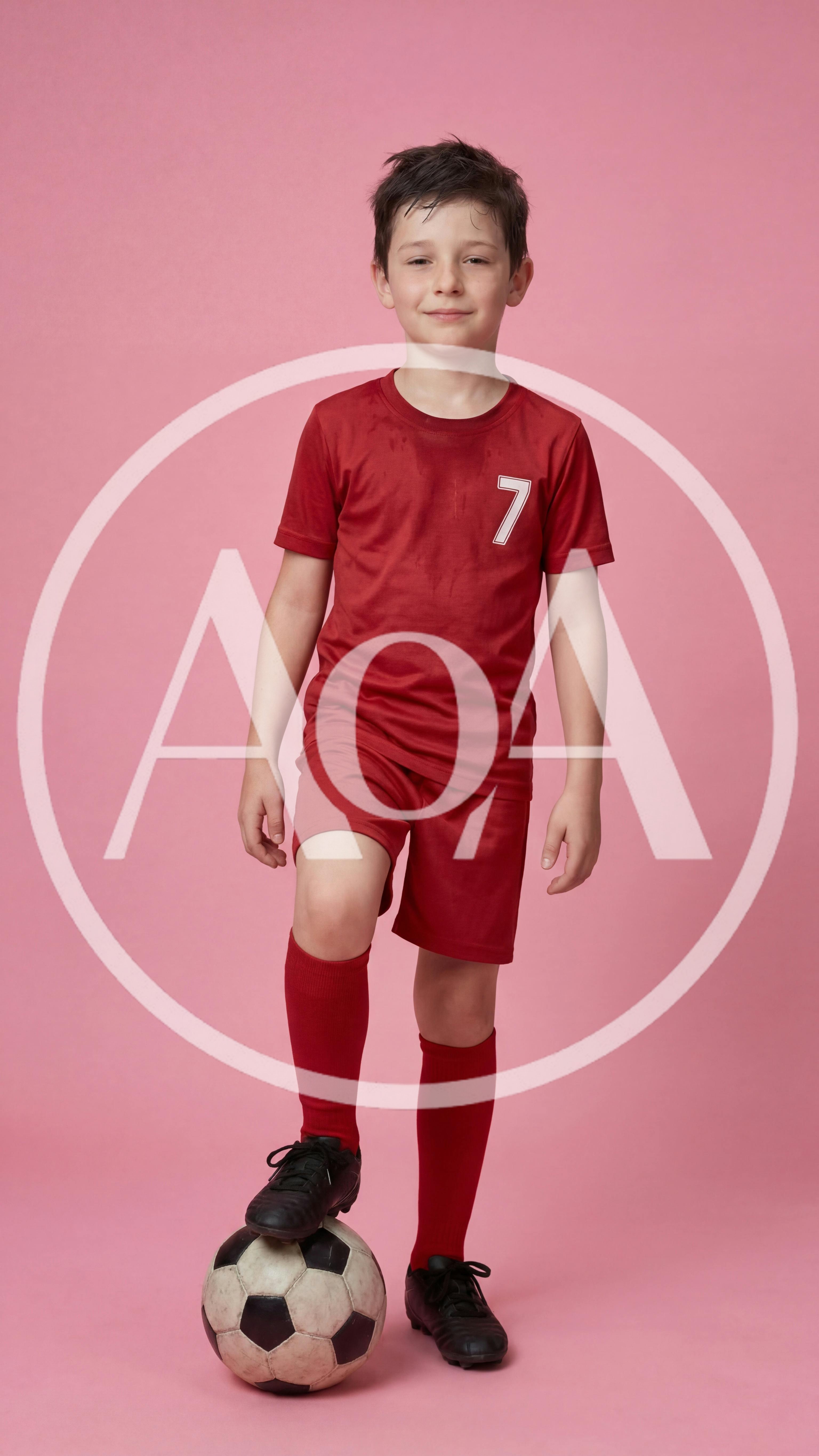 Young Boy Standing With Soccer Ball On Pink Background