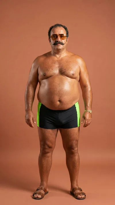 Middle Aged Man With Mustache Wearing Swim Trunks