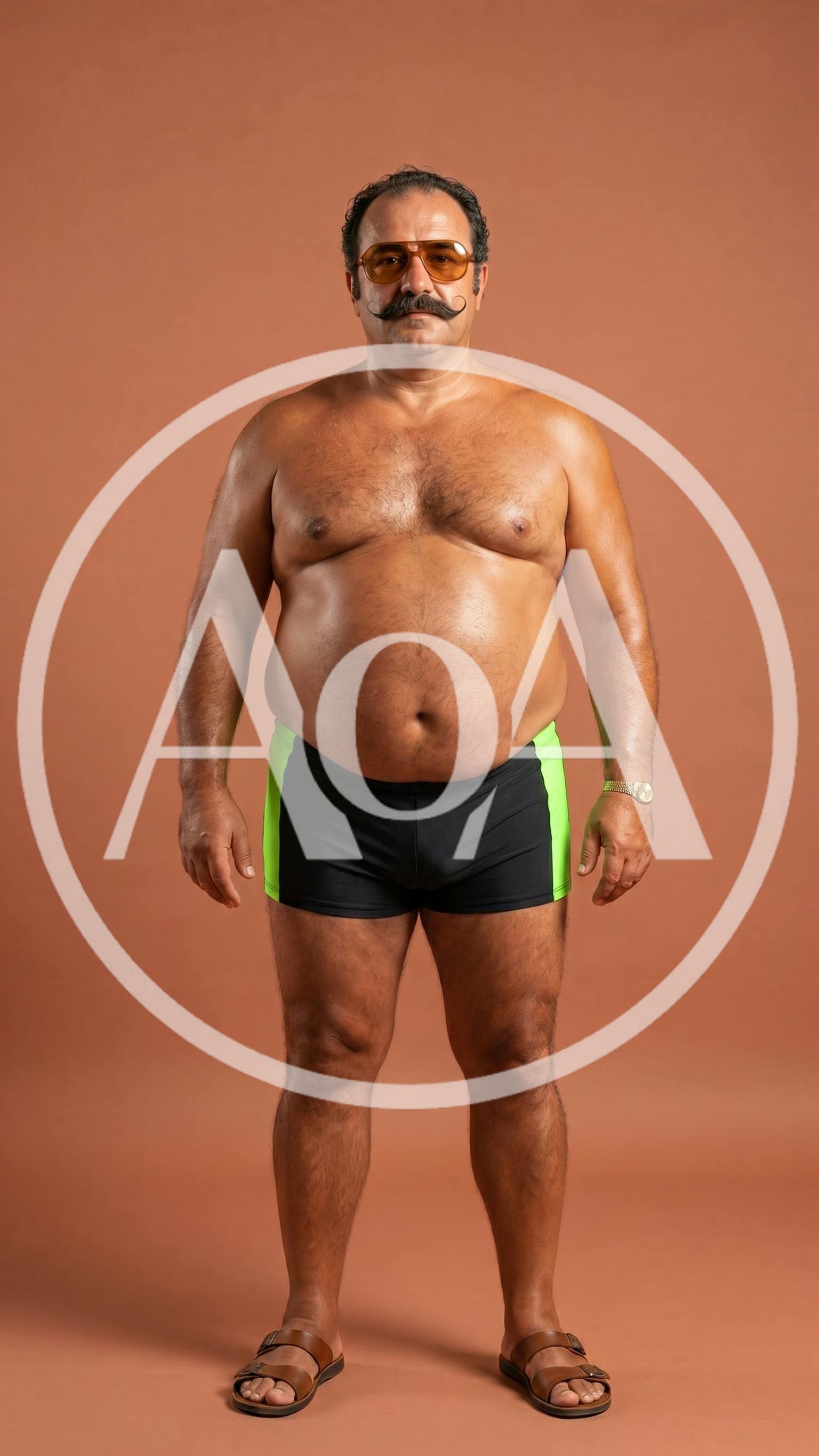 Middle Aged Man With Mustache Wearing Swim Trunks