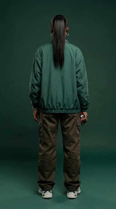 Person Standing Backwards In Green Jacket And Cargo Pants