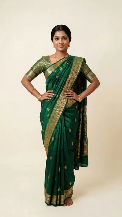 Indian Woman Wearing Traditional Green Silk Saree