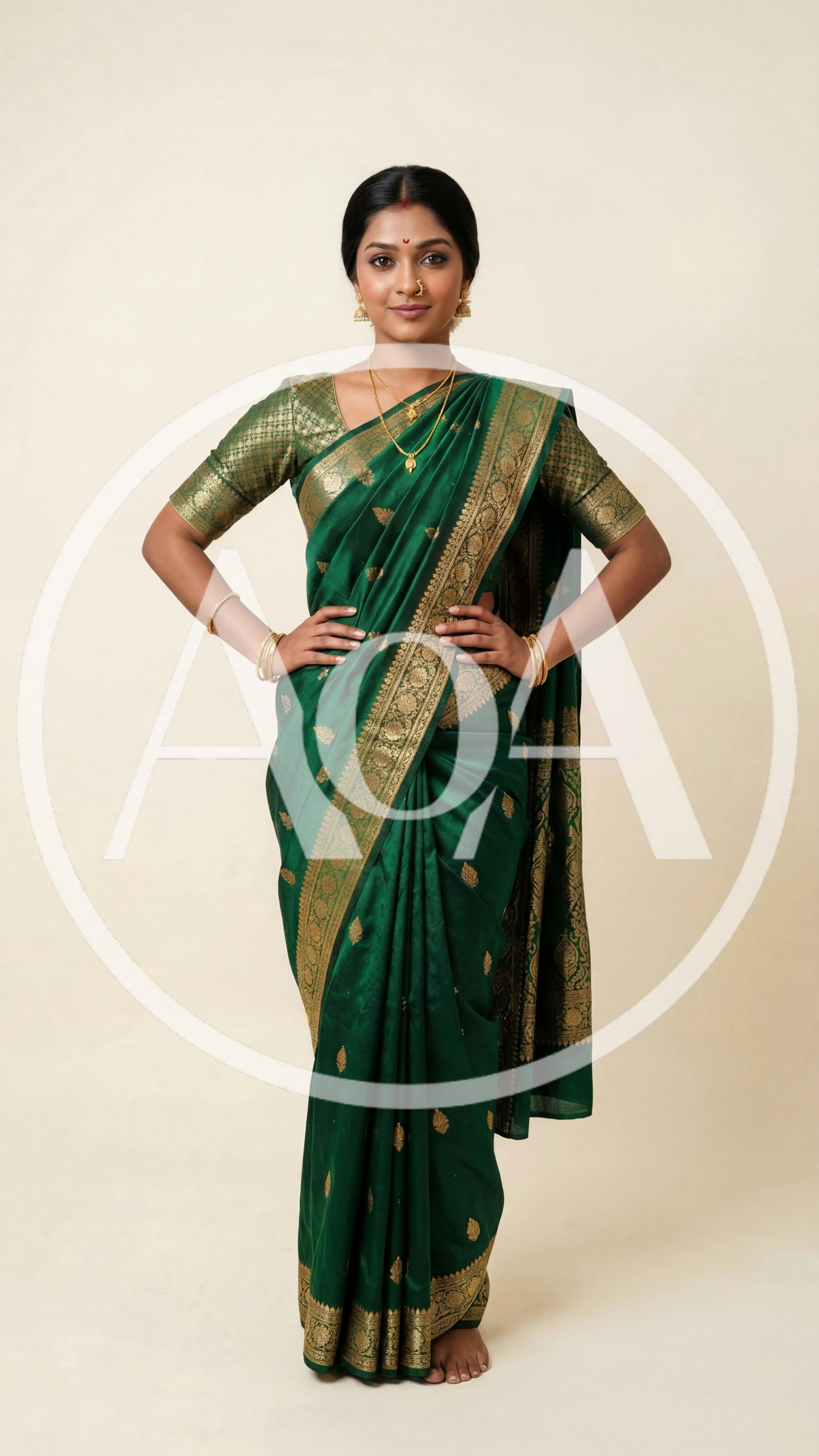 Indian Woman Wearing Traditional Green Silk Saree
