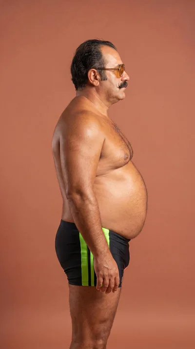 Middle Aged Man Standing In Swim Trunks