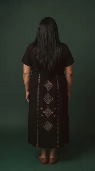 Woman Standing Back View Wearing Embroidered Black Dress