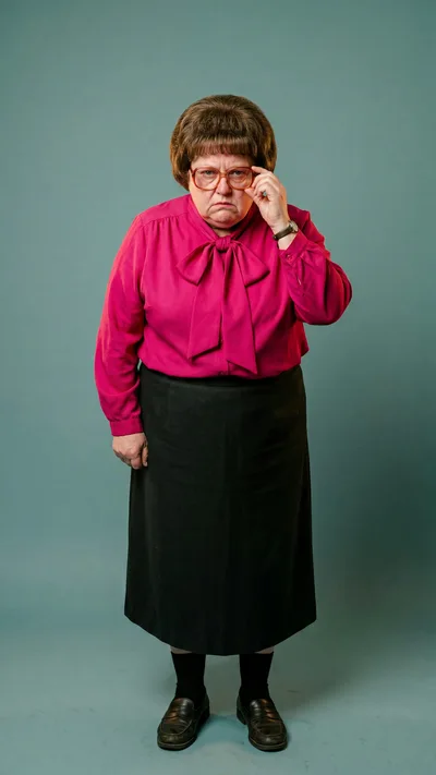 Stern Middle Aged Woman Adjusting Her Glasses