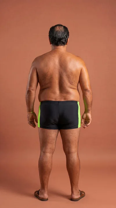 Back View of Middle Aged Man in Swim Trunks