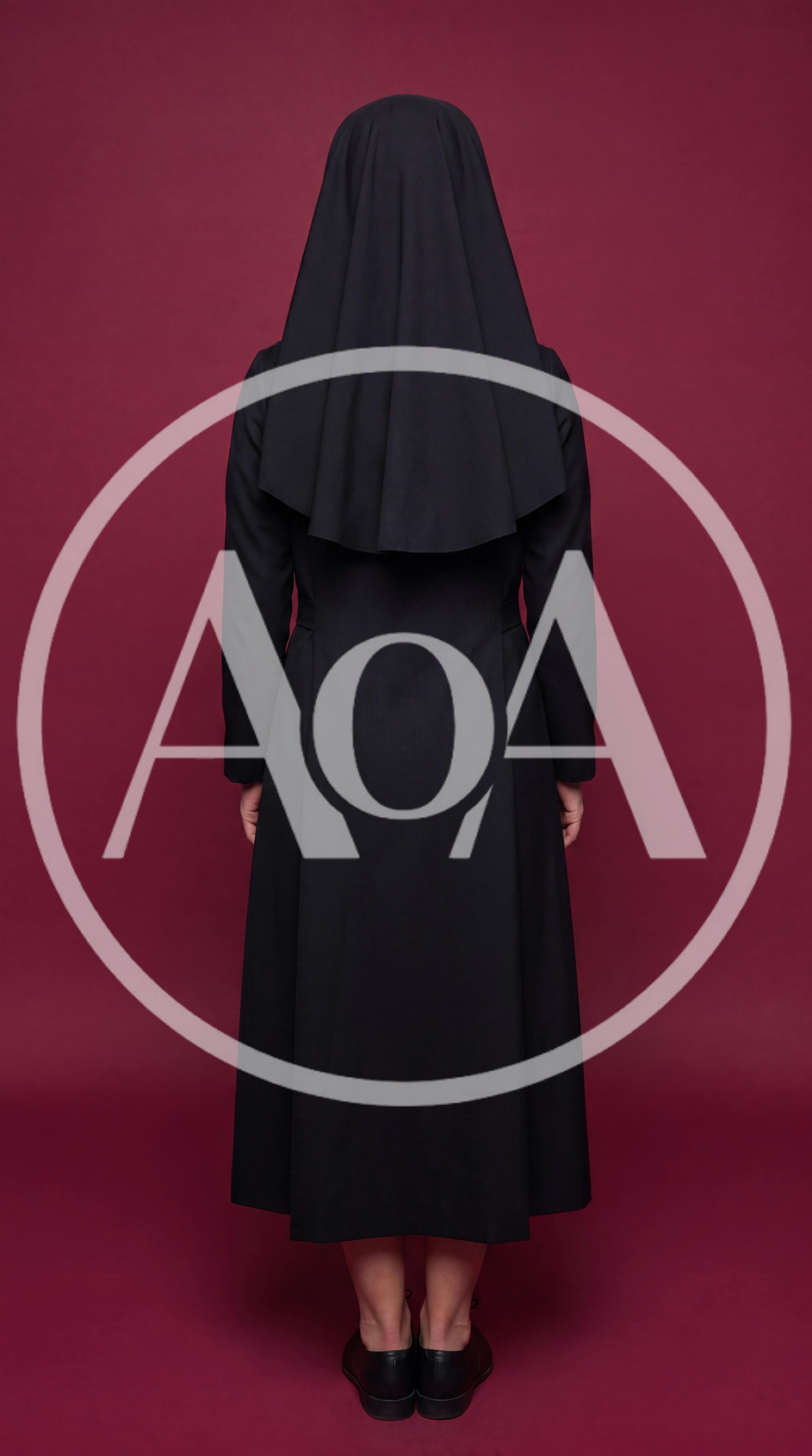 Back View Of A Nun Standing Against A Maroon Background