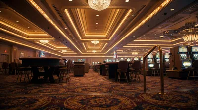Empty Casino Floor With Gaming Tables And Slot Machines