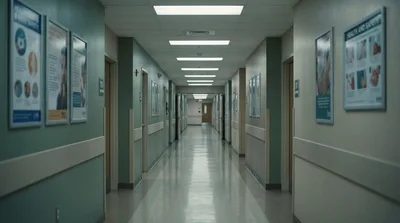 Empty Hospital Corridor With Patient Room Doors