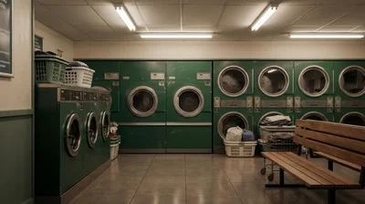 Empty Laundromat With Rows Of Vintage Green Washing Machines
