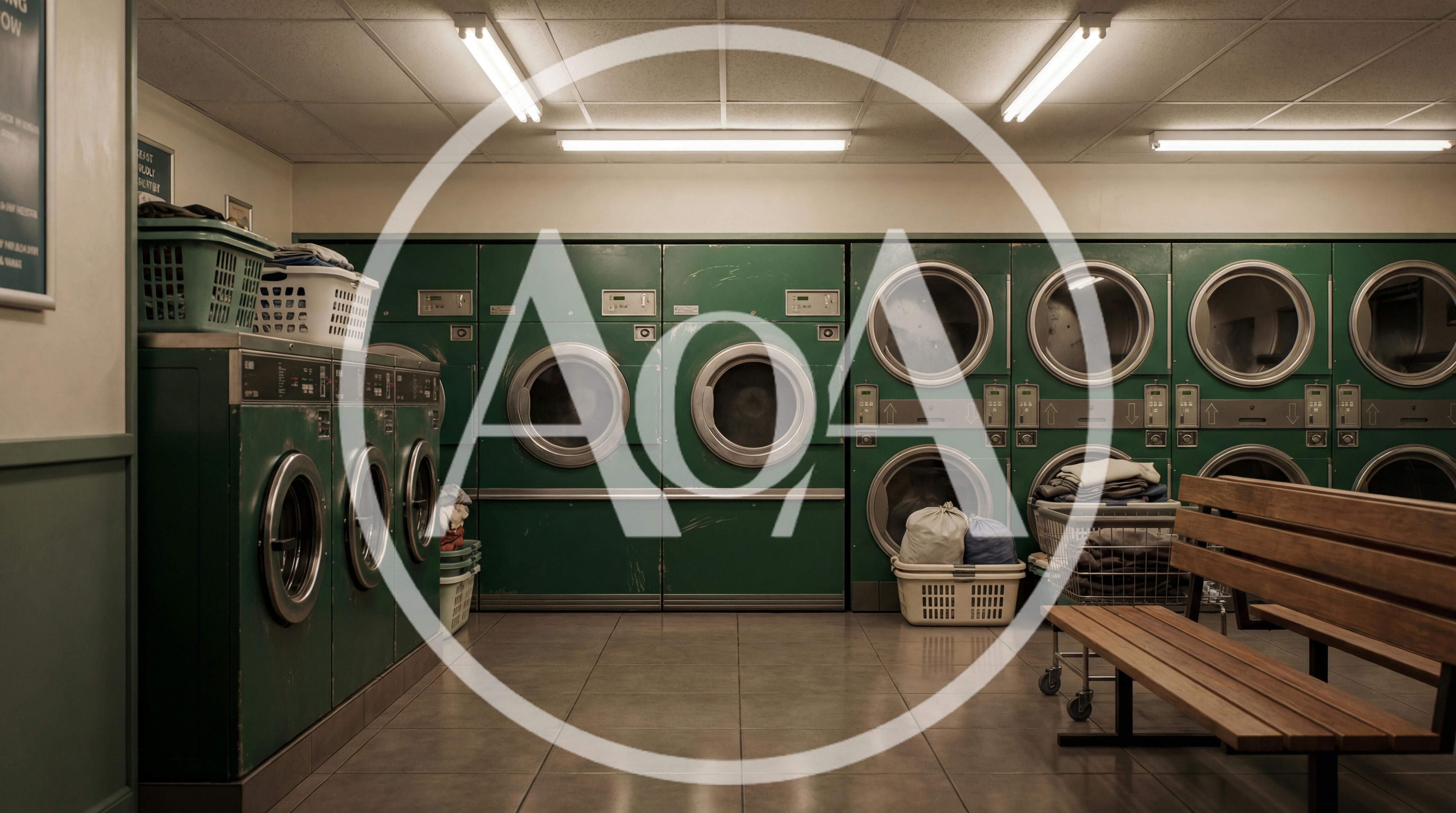 Empty Laundromat With Rows Of Vintage Green Washing Machines