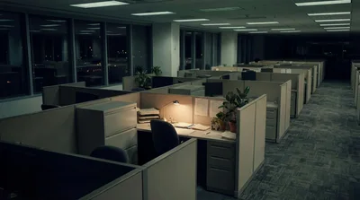 Empty Office Cubicles At Night With Desk Lamp
