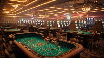 Empty Casino Floor With Craps Tables And Slot Machines