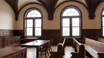 Empty Historic Courtroom With Wooden Benches And Arched Windows