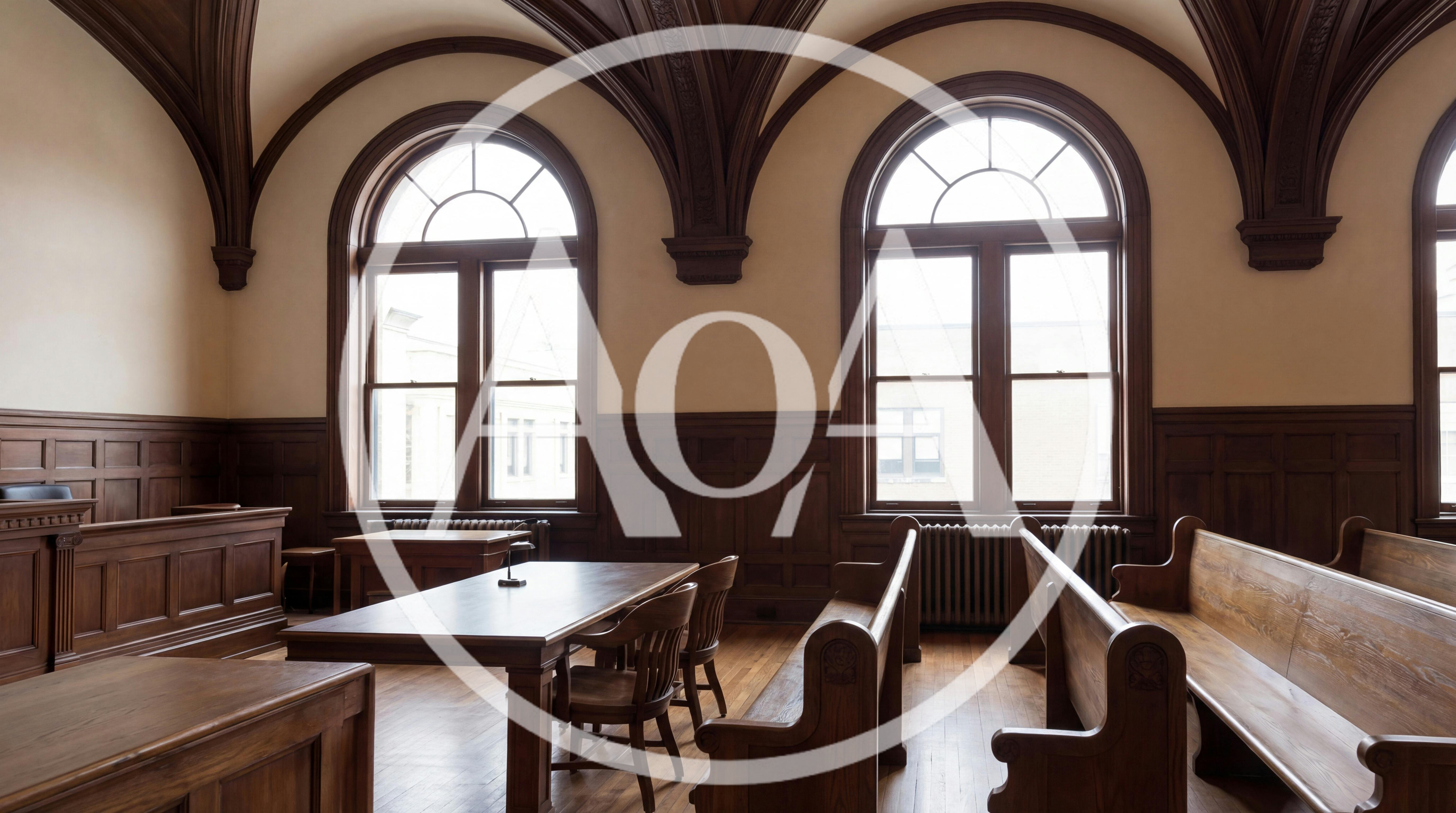 Empty Historic Courtroom With Wooden Benches And Arched Windows