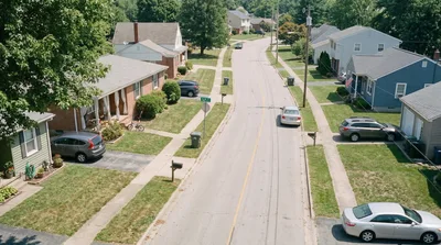 Aerial View Of A Quiet Suburban Residential Street