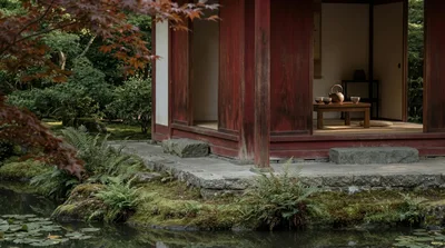 Traditional Japanese Tea House Beside A Tranquil Garden Pond