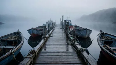 Fishing Boats Moored at a Wooden Pier in Fog