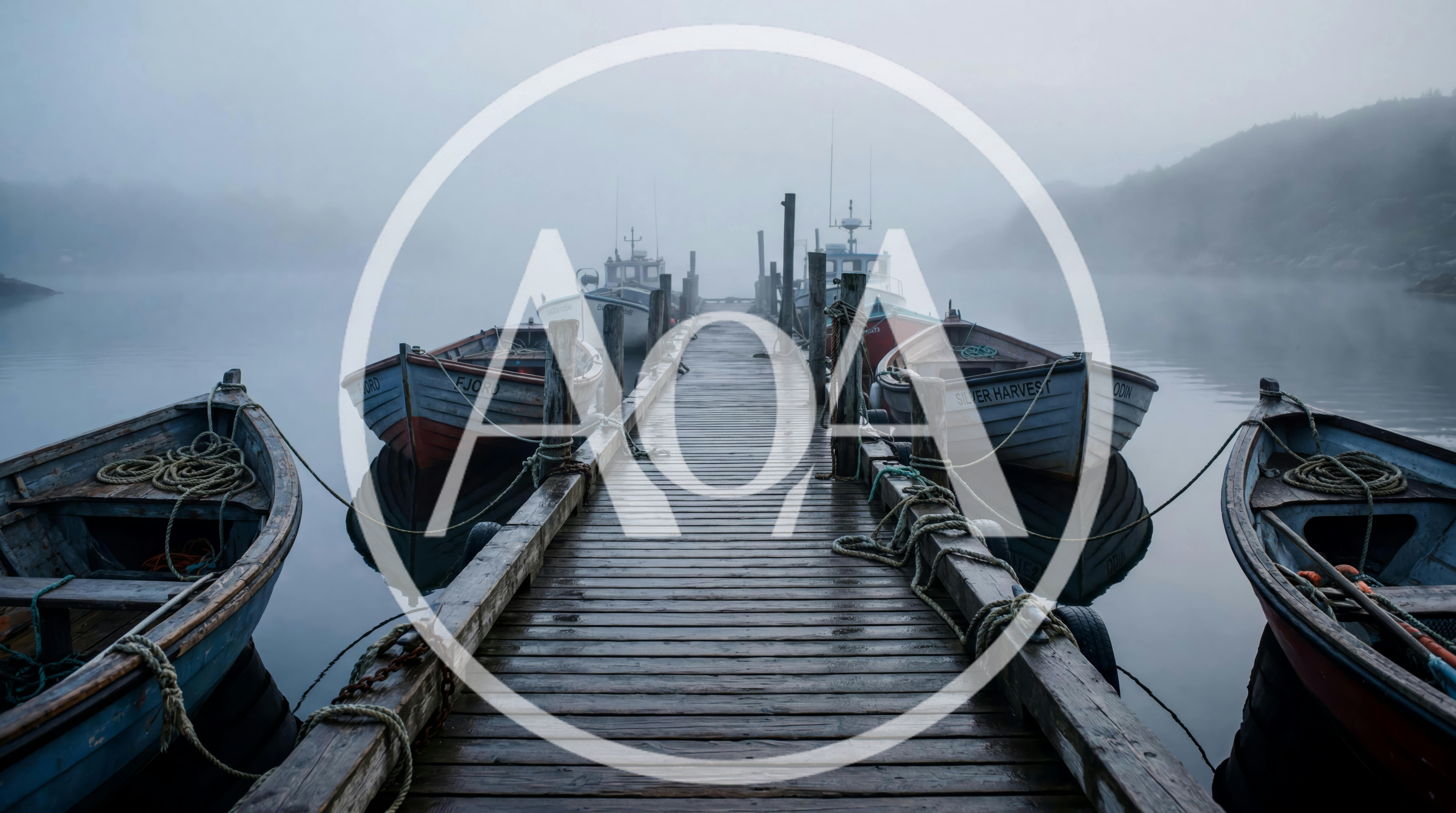Fishing Boats Moored at a Wooden Pier in Fog