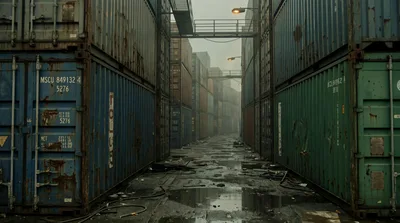 Abandoned Industrial Shipping Container Yard in Fog