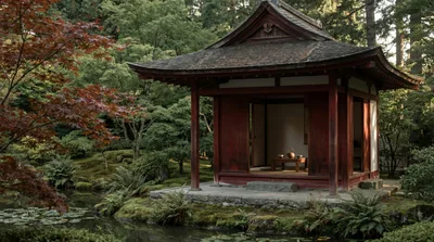 Traditional Japanese Tea House In A Lush Garden