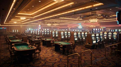 Empty Casino Floor With Rows Of Slot Machines