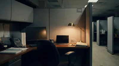 Empty Office Cubicle With Desk Lamp And Computer