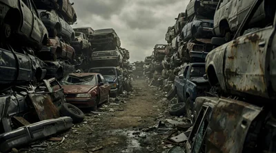 Abandoned Vehicles Stacked In A Dilapidated Industrial Junkyard