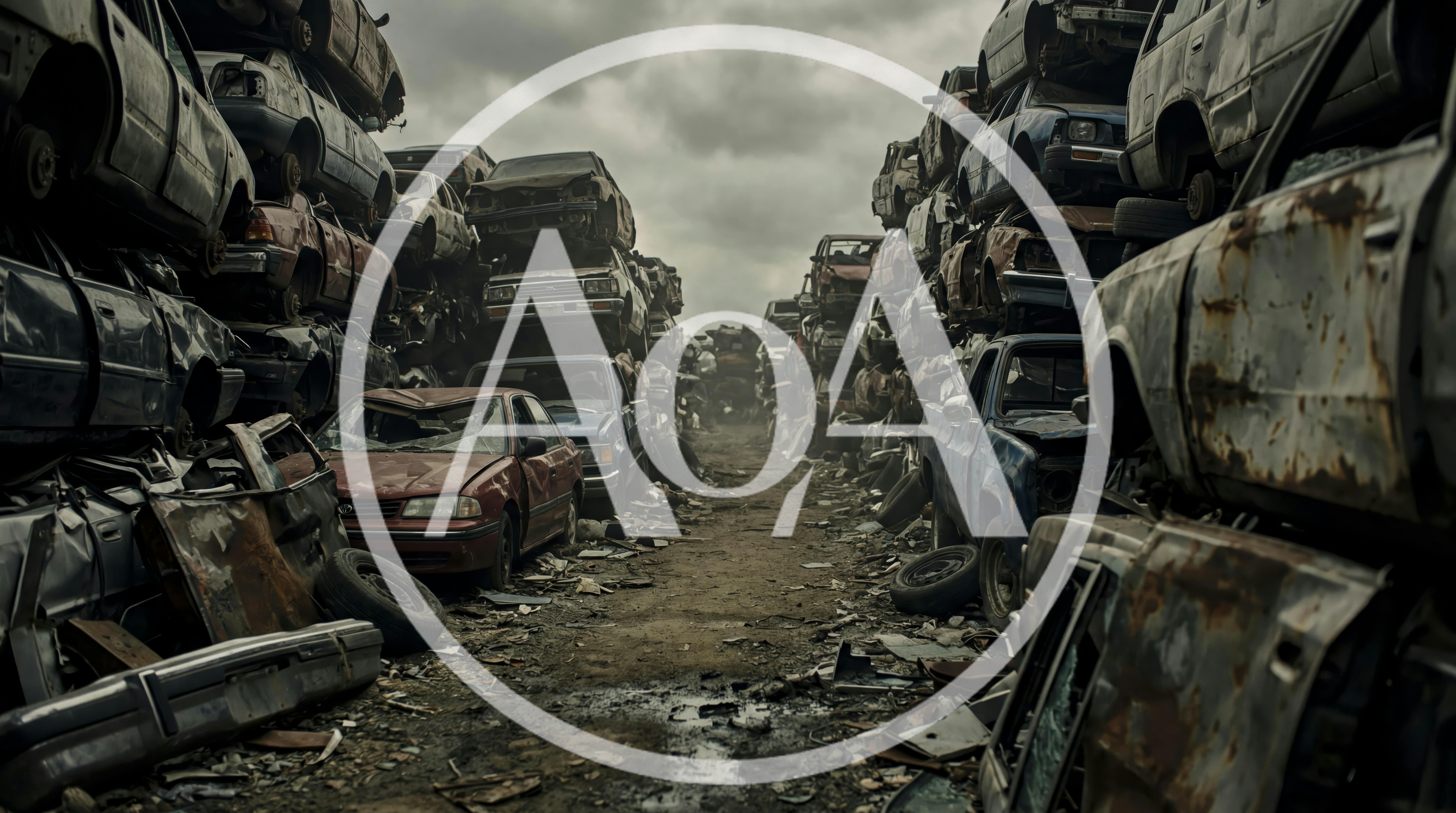 Abandoned Vehicles Stacked In A Dilapidated Industrial Junkyard
