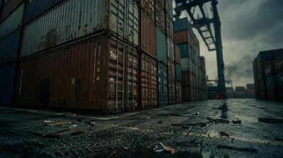 Shipping Containers Stacked In A Busy Industrial Port