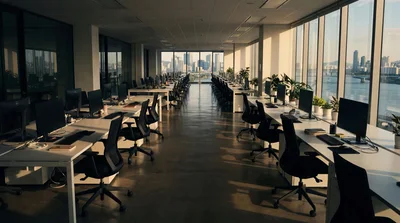 Empty Modern Office Workspace With City Skyline View