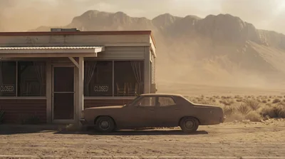 Abandoned Diner With Vintage Sedan In Desert Landscape