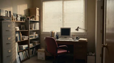 Home Office Workspace With Vintage Computer And Bookshelves