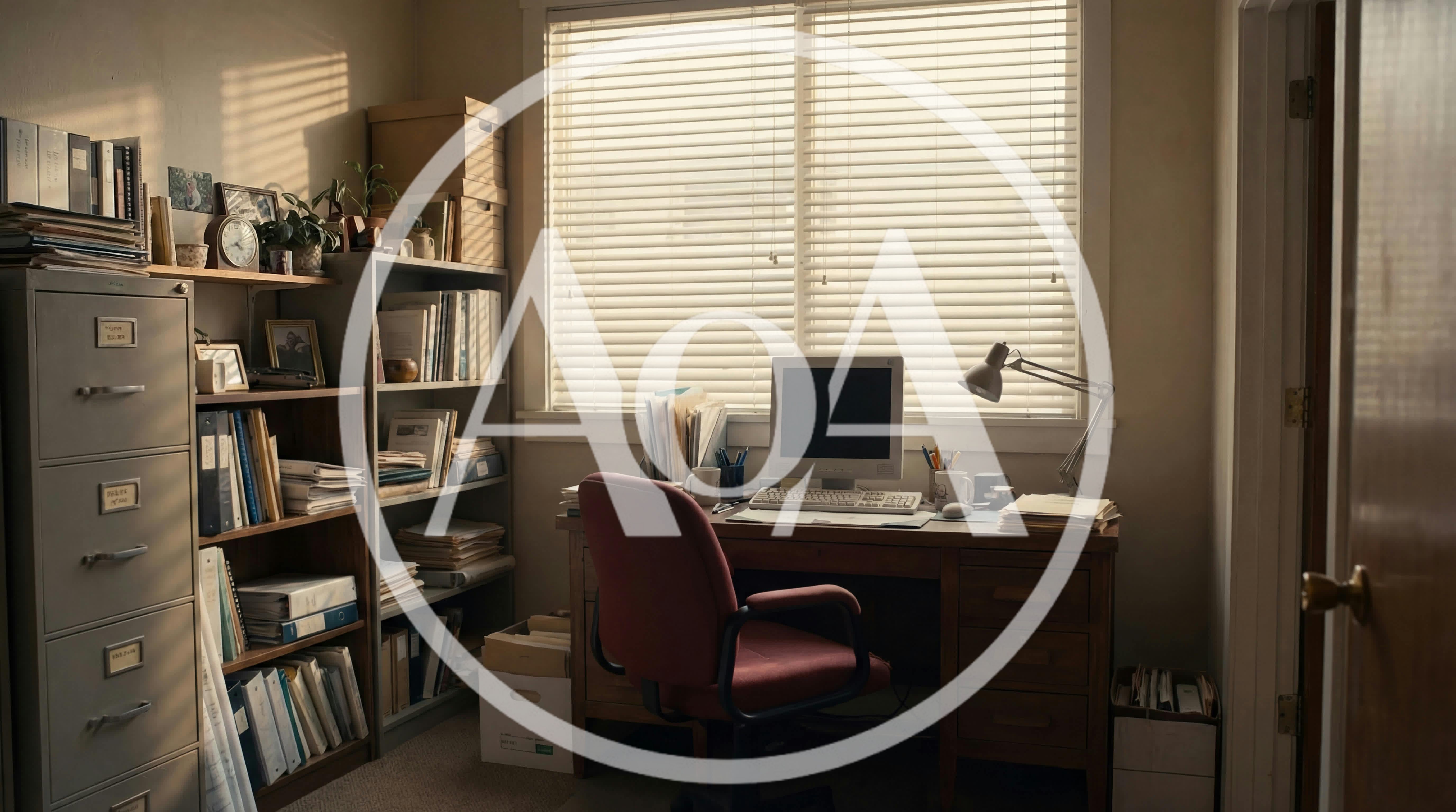 Home Office Workspace With Vintage Computer And Bookshelves