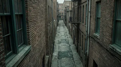 Narrow Cobblestone Alleyway Between Old Brick Buildings