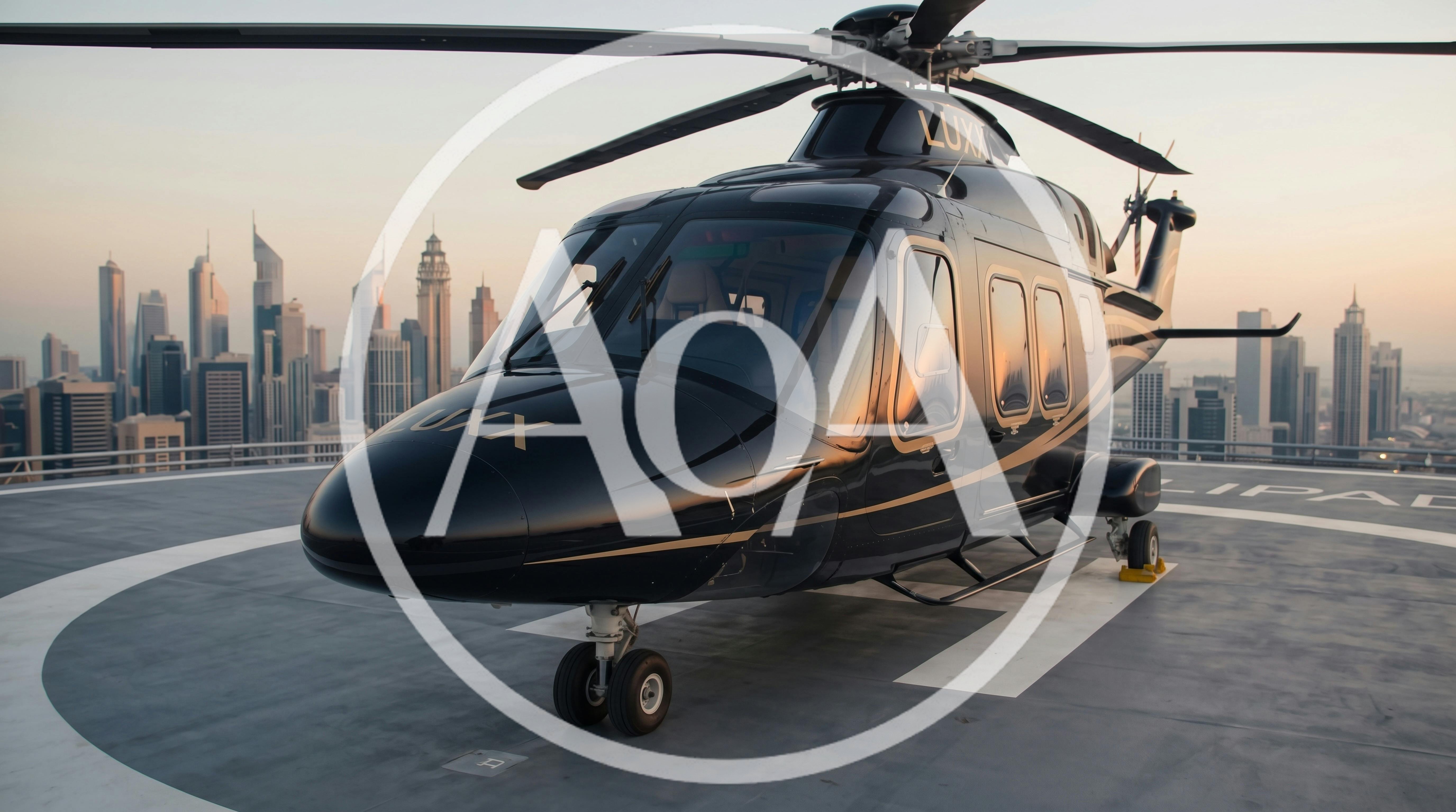Luxury Black Helicopter Parked on Dubai Skyscraper Helipad