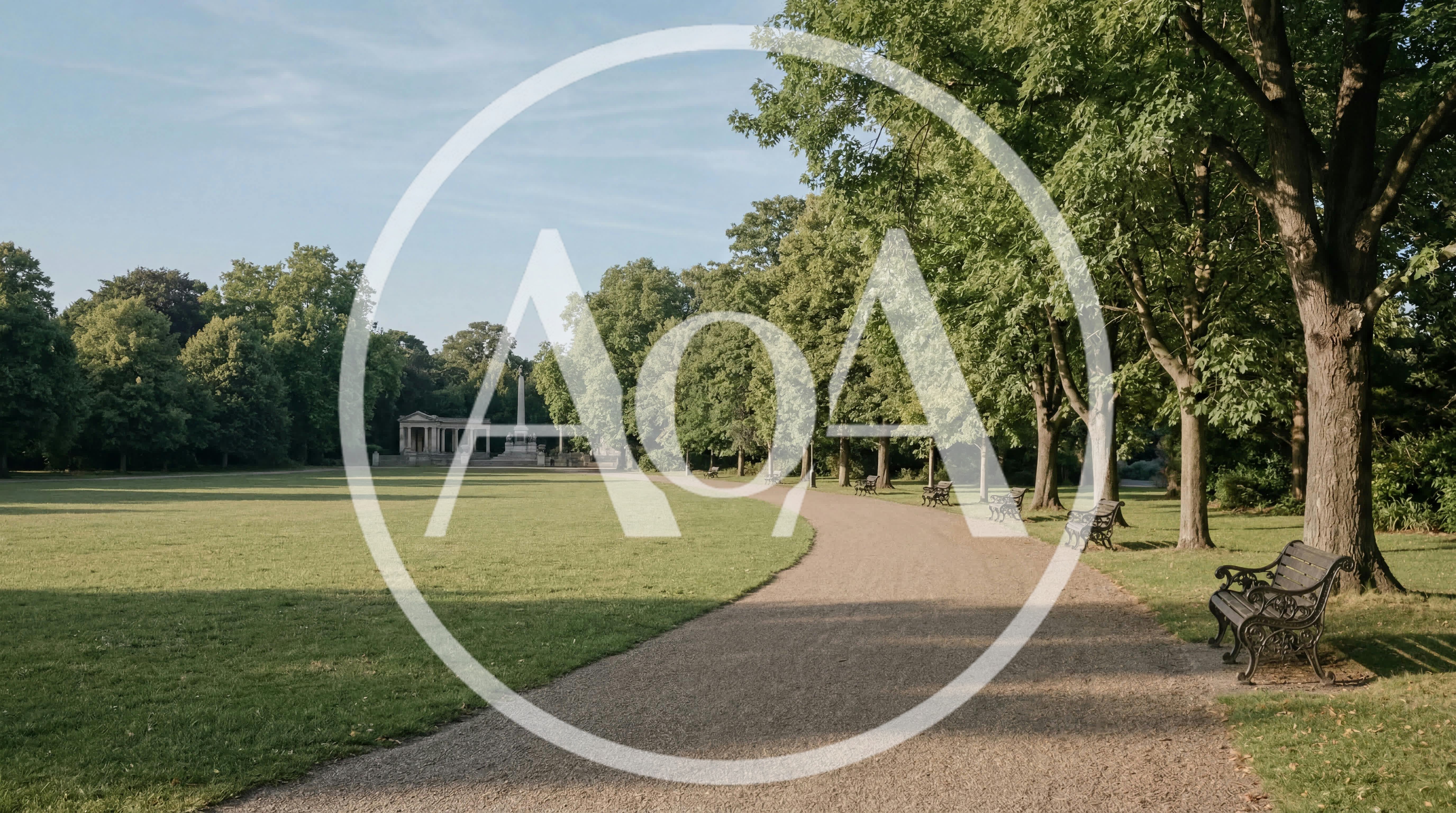 Empty Park Path With Benches And Classical Monument