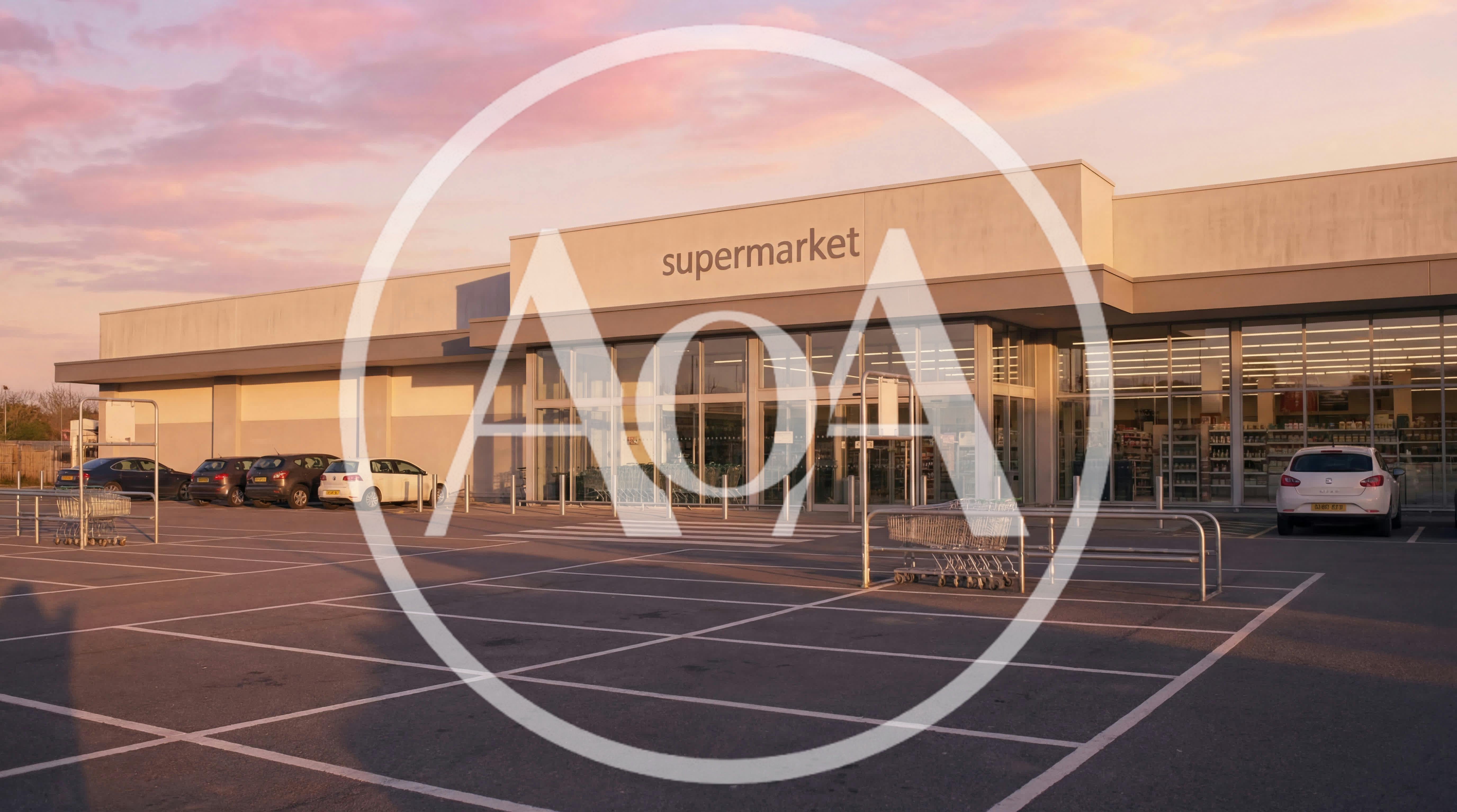 Exterior View Of A Modern Supermarket At Sunset