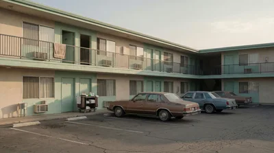 Vintage Motel Exterior With Parked Classic Cars