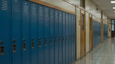 Empty School Hallway With Rows Of Blue Lockers