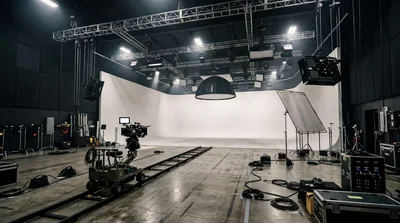 Professional Film Studio Set With Camera Dolly And Lighting