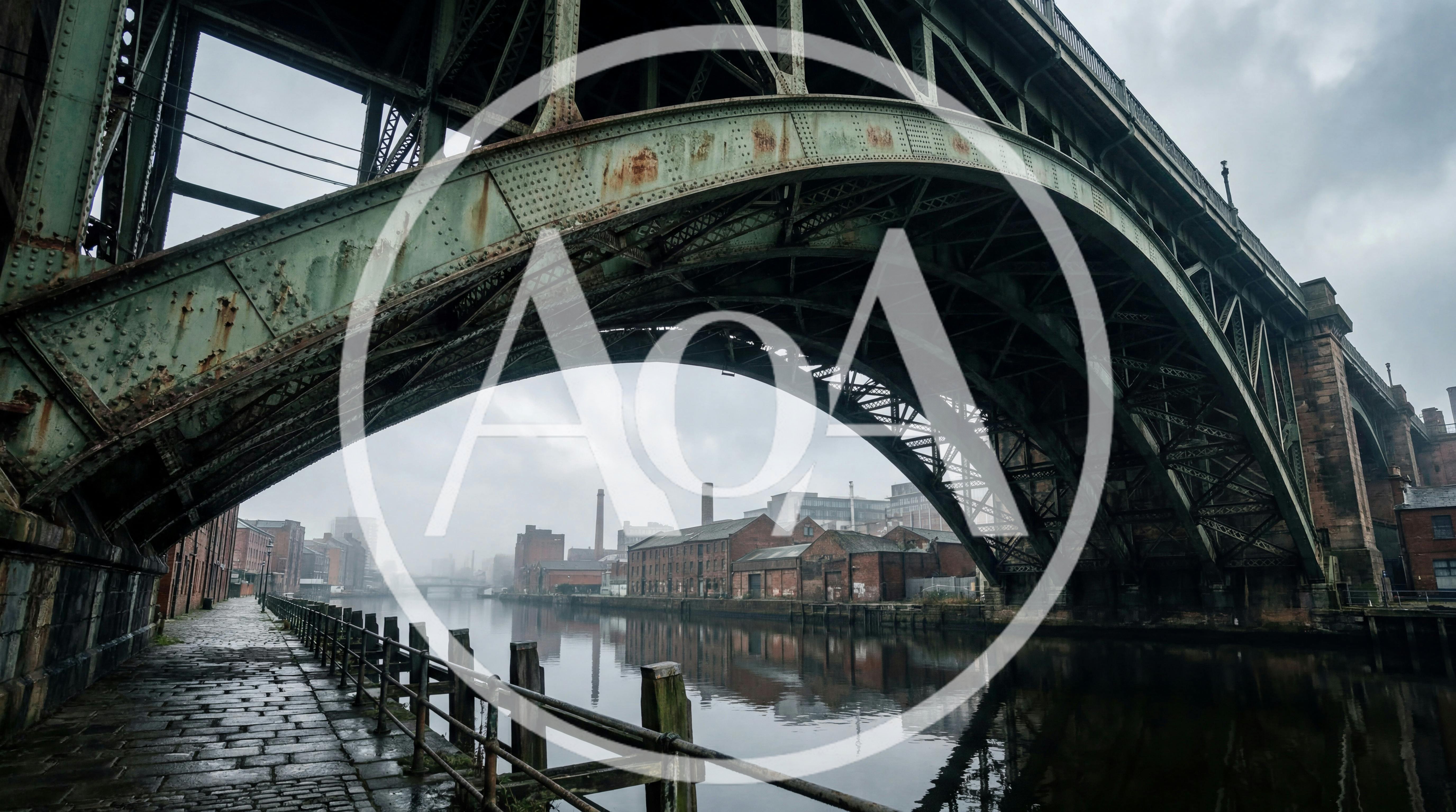 Industrial Steel Arch Bridge Over River In Manchester